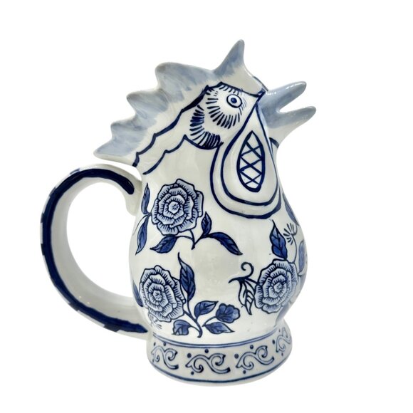 Bella Casa Rooster Pitcher Blue and White Ceramic with Floral Design 8" Tall - Picture 3 of 7